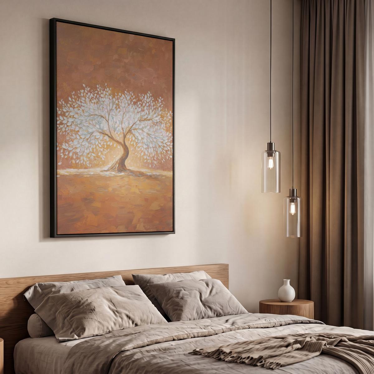 LEINWAND Bilder mit Rahmen - Abstrakt - Baum - Weiß - Blätter - 60x90 - Braun, Textil (60/90cm) - MuchoWow