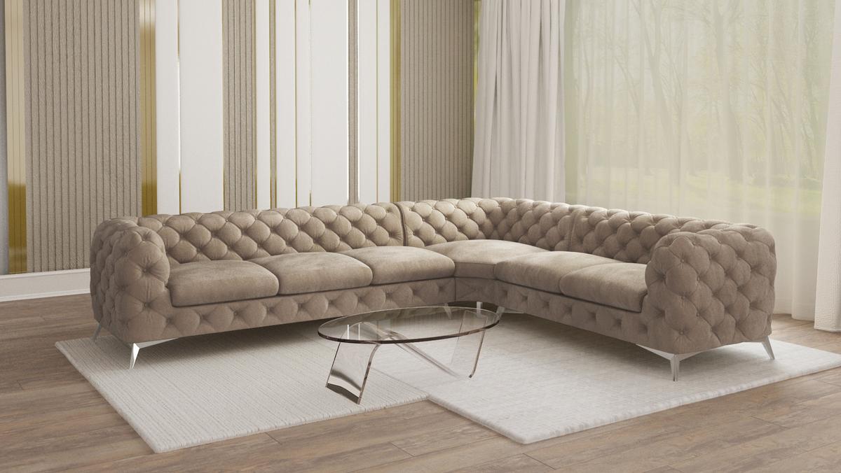 ECKSOFA Chesterfield Laura Dunkle Creme Samt - Silberfarben/Creme, Holz/Textil (323/264cm) - S-Style Möbel