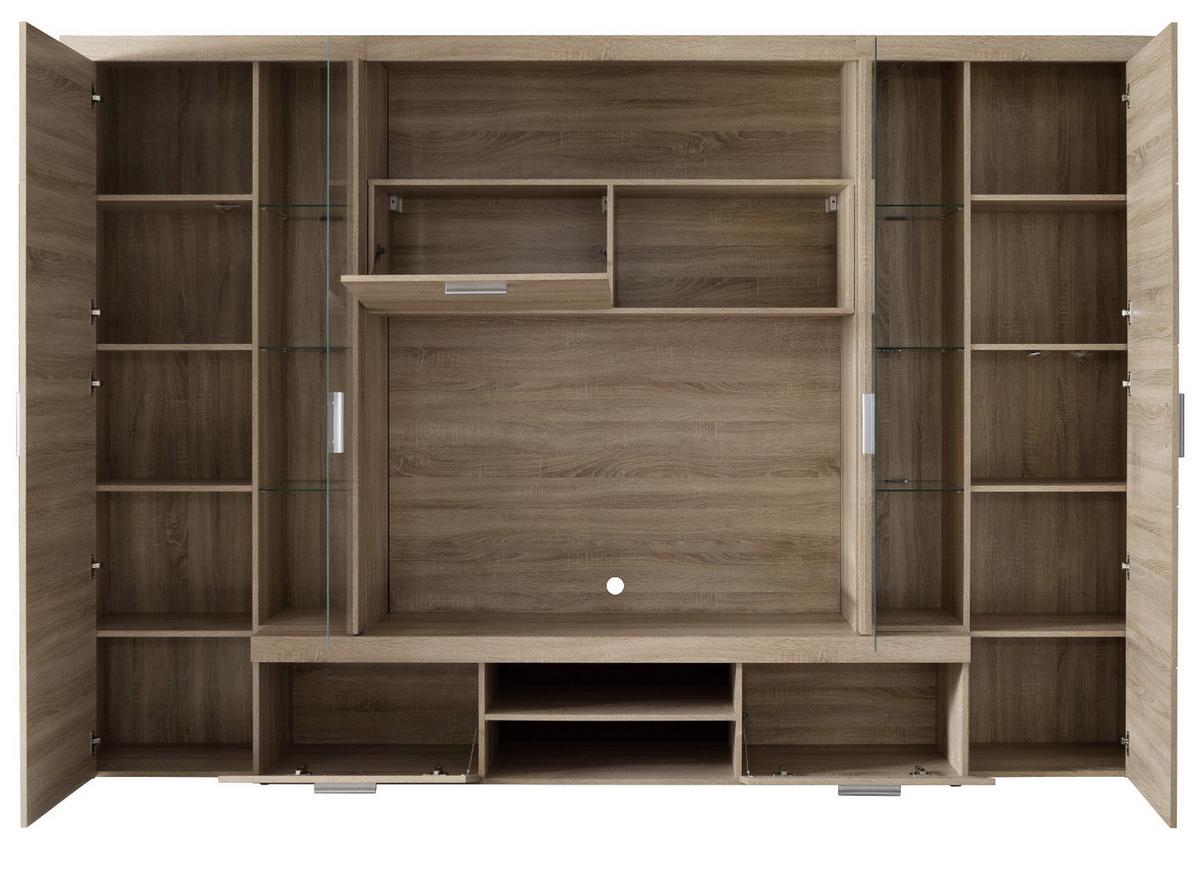 WOHNWAND Sonoma Eiche hell 291 cm, Schrankwand inklusive Beleuchtung - Eichefarben/Silberfarben, Glas/Holzwerkstoff (291/197/41cm) - Top.Furn