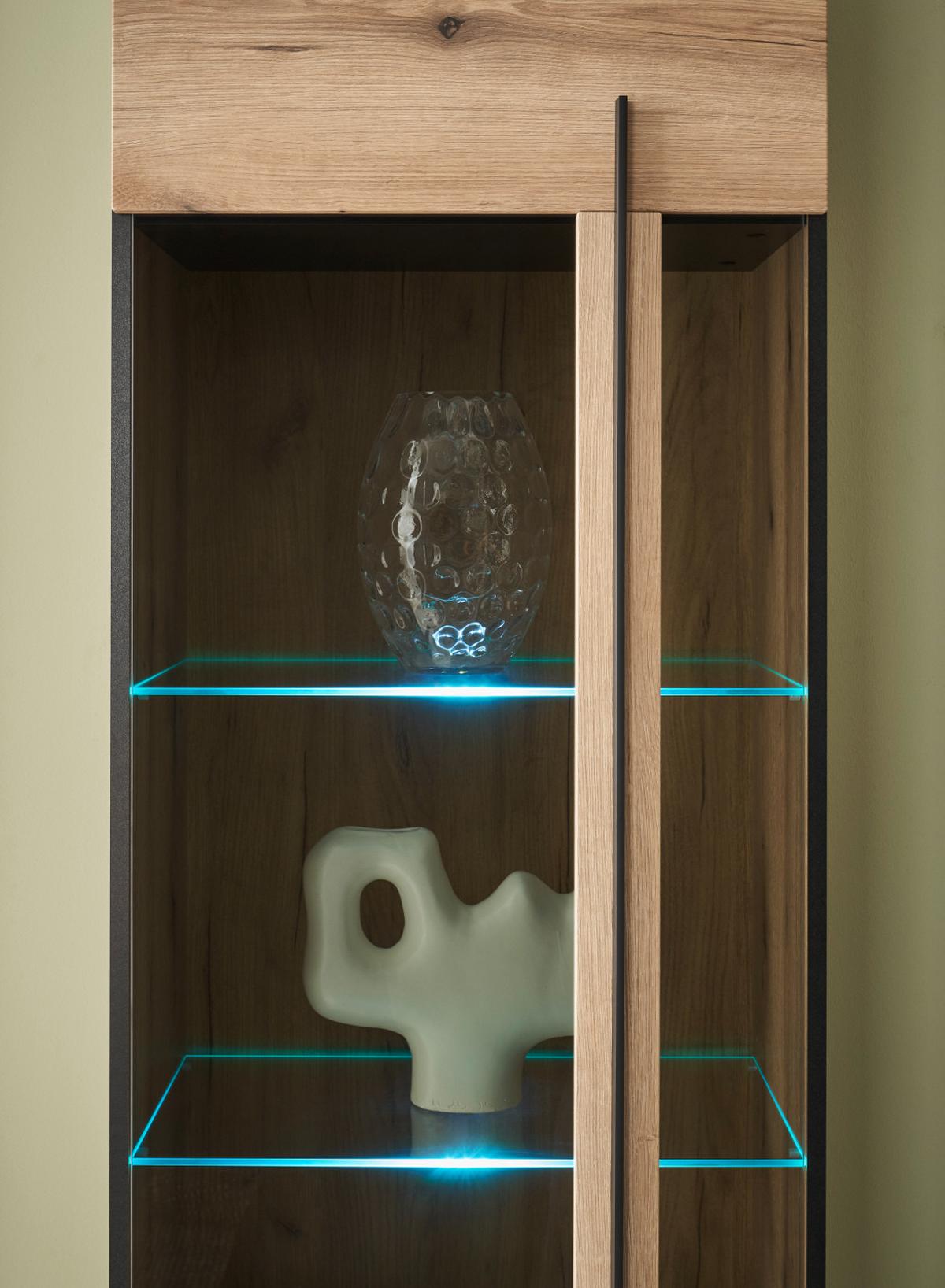 VITRINE Eiche Evoke, Vitrinenschrank 60 x 200 cm, Glas grau - Eichefarben/Schwarz, Glas/Holzwerkstoff (60/200/37cm) - Furn.Design