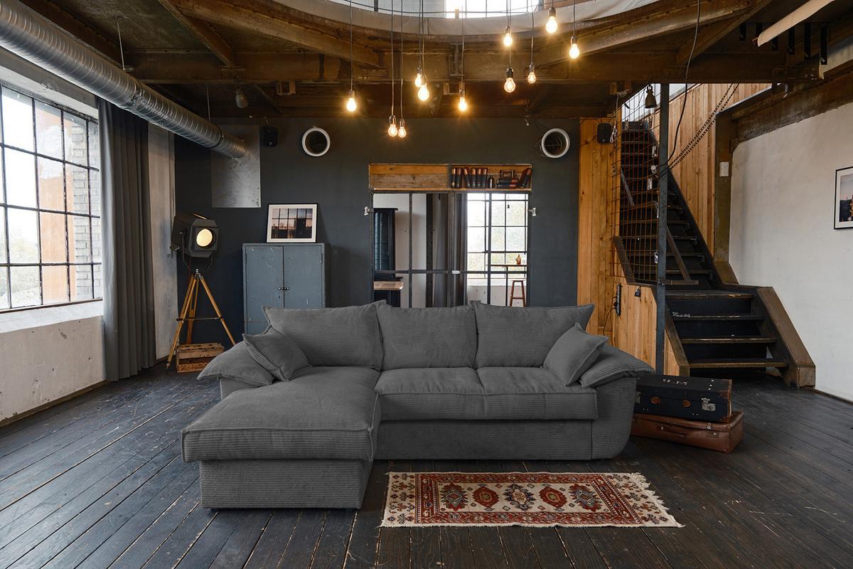 ECKSOFA DAMETO Grau Cord Mit Schlaffunktion - Schwarz/Grau, Kunststoff/Textil (266/174cm) - KAWOLA