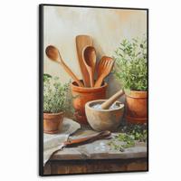 LEINWAND Bilder mit Rahmen - Töpfe - Kräuter - Holz - 90x140 - Terracotta, Textil (90/140cm) - MuchoWow