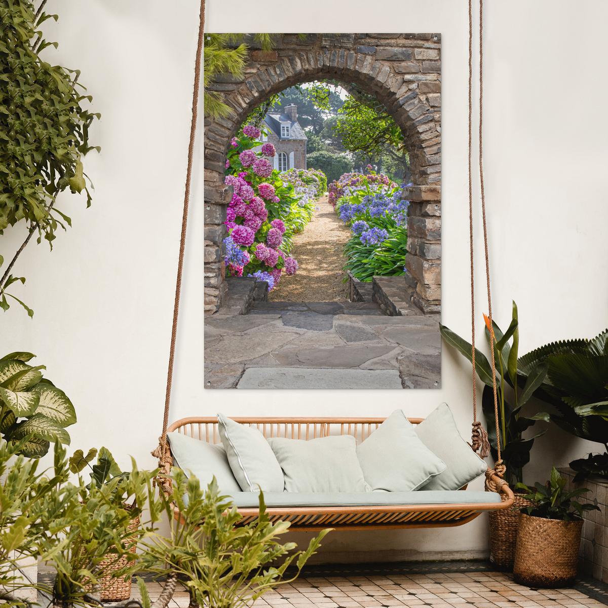 GARTENPOSTER Blumen - Guck-guck - Hortensie - Sommer Bild 120x180 cm - Braun, Kunststoff (120/180/0.2cm) - OnlyWow