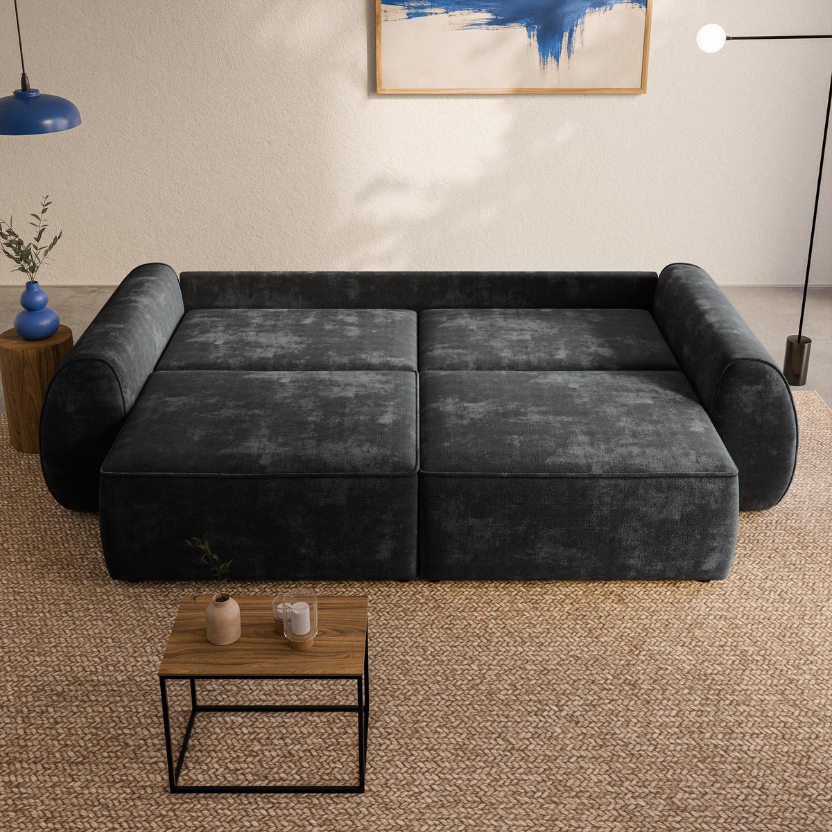BETTSOFA ZEFEO Schwarz Chenille-Stoff mit Schlaffunktion - Schwarz, Textil (264/96/106cm) - MASSENO
