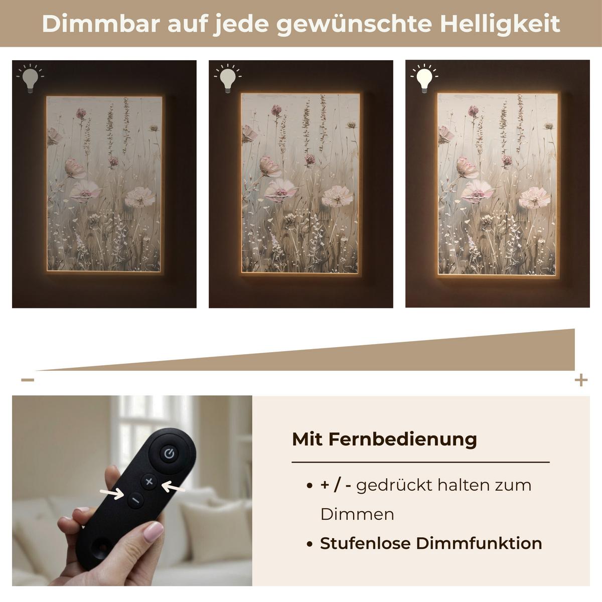 WANDLEUCHTE MIT AKKU Blumen - Rosa - Modern - Beige 70x100 cm - Altrosa, Holzwerkstoff (70/100/8cm) - OnlyWow