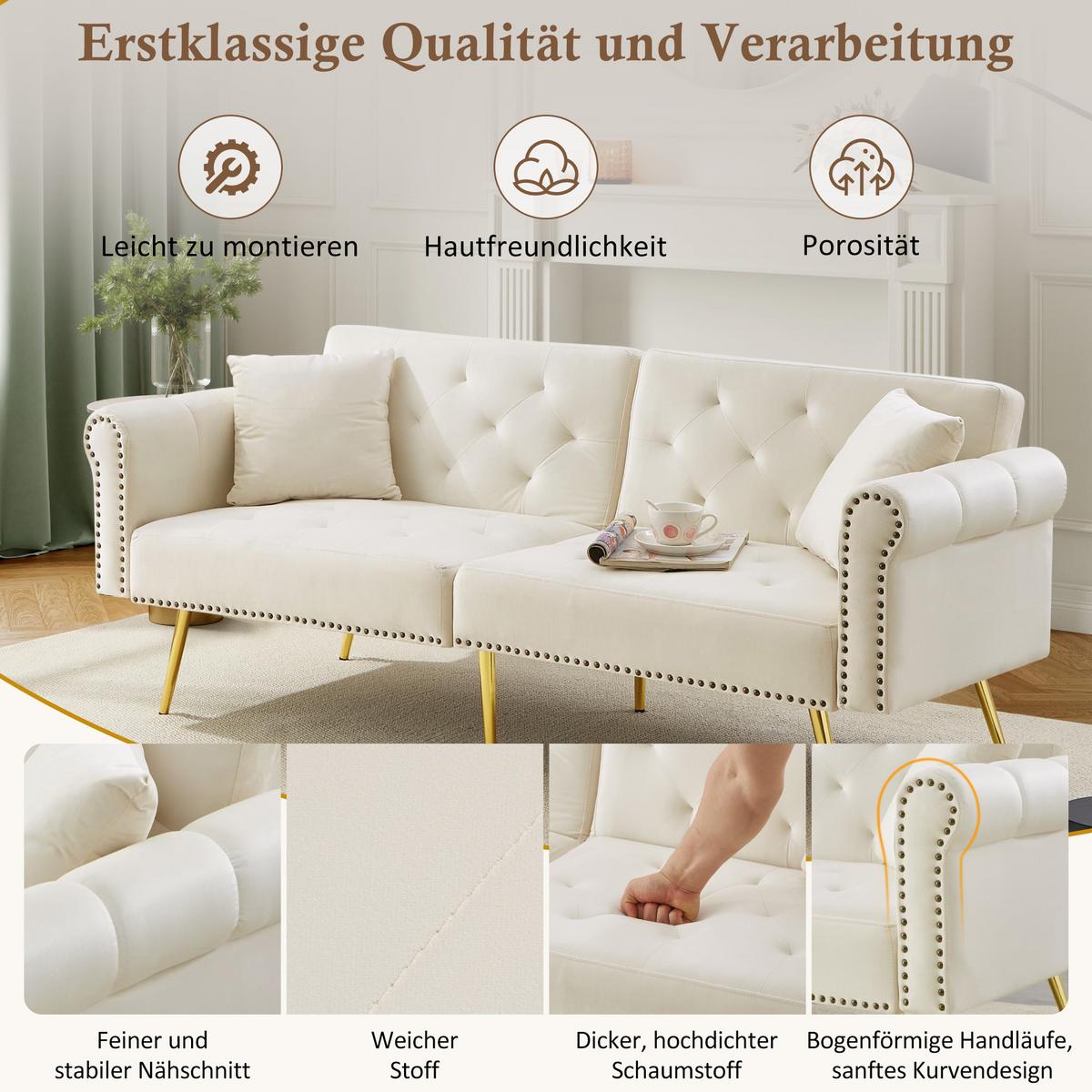 SCHLAFSOFA 2-in-1 Funktion Velours - Beige, Kunststoff (173/70/75cm) - Urban Meuble