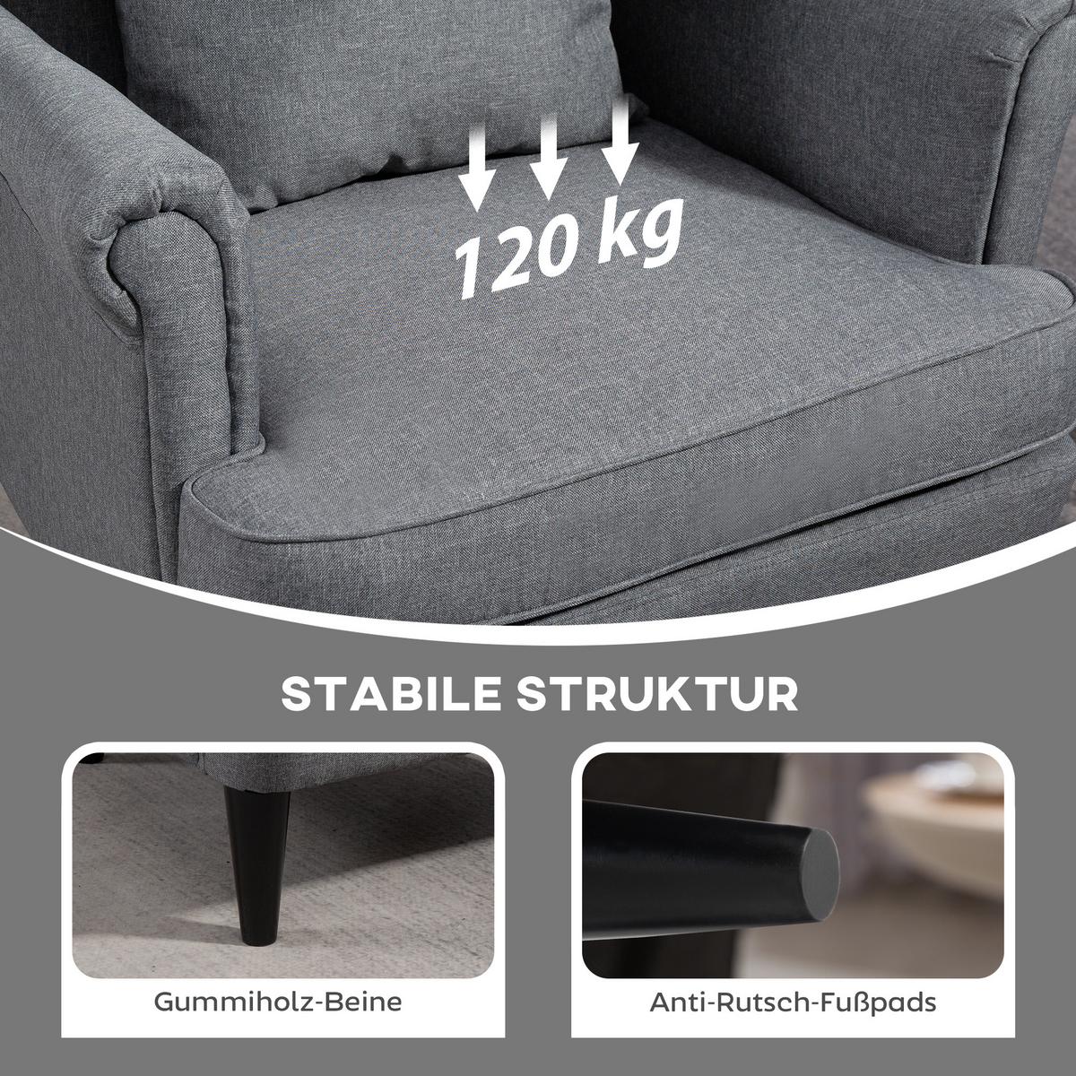 OHRENSESSEL mit Hocker Sessel mit Leinenoptik, Lendenkissen für Wohnzimmer Grau - Grau, Kunststoff (75/104/83cm) - HOMCOM