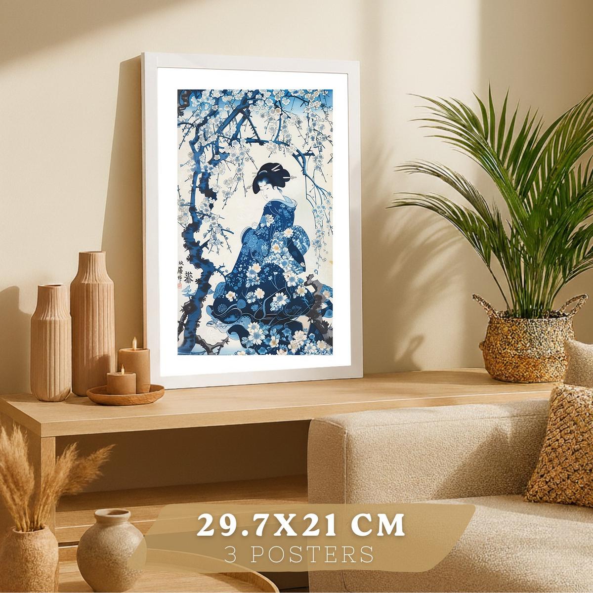 POSTER 3er Bilder-Set Wandbilder Japan Stil modern Wohnzimmer Deko, Schlafzimmer, Küche, Badezimmer Weißer Rahmen A4 - Weiß, Papier (29.7/1/21cm) - Nacnic