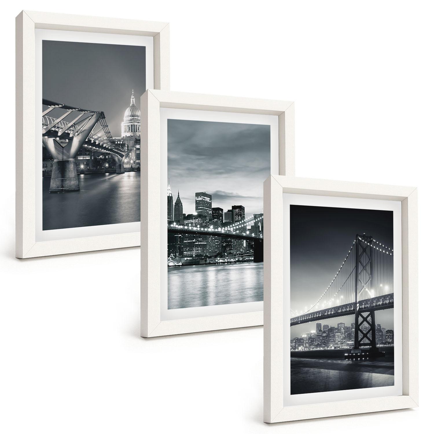 BILDER SET 3er Set - 20x30 cm Weißer Rahmen - Brücken, Stadtarchitektur, Grau - Weiß, Kunststoff (20/30cm) - TULUP