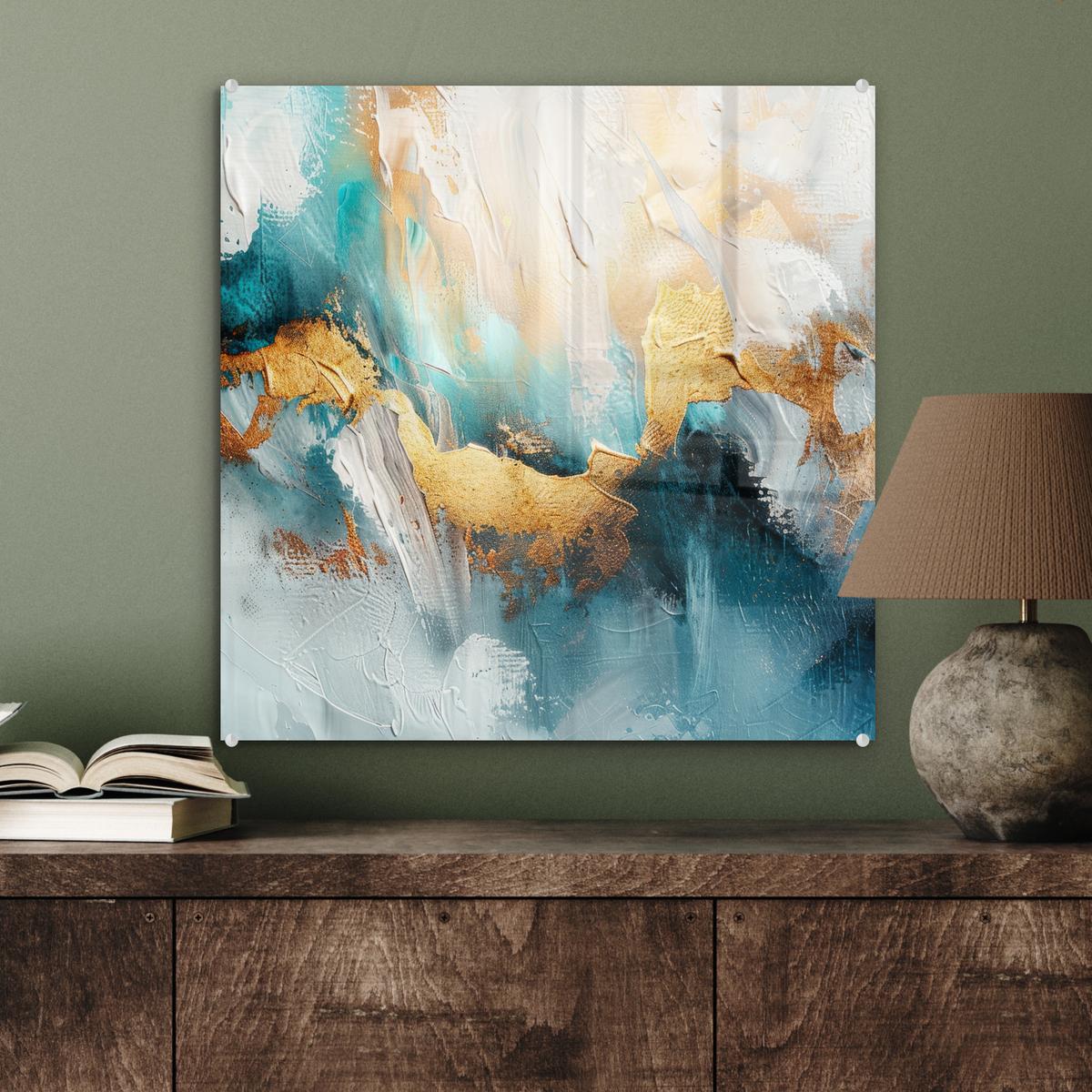 ACRYLGLASBILD Abstrakt - Kunst - Gold - Blau 50x50 cm - Petrol, Glas (50/50cm) - MuchoWow