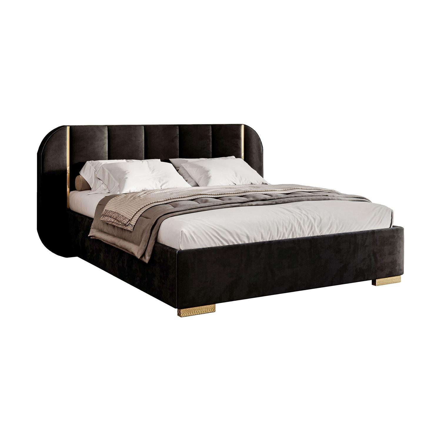 BETT AMARA GOLD 140x200 gepolstert mit Stauraum und Lattenrost, Royal Velvet 254 - Schwarz, Textil (140/200cm) - Lookway