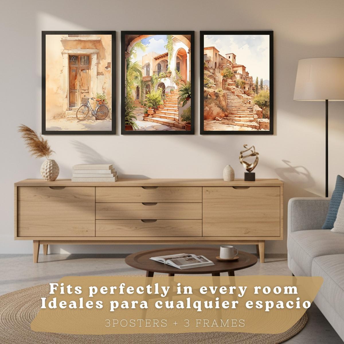 POSTER 3er Bilder-Set Wandbilder Landhaus Braun modern Wohnzimmer Deko, Schlafzimmer, Küche, Badezimmer Schwarzer Rahmen A4 - Schwarz, Papier (29.7/1/21cm) - Nacnic