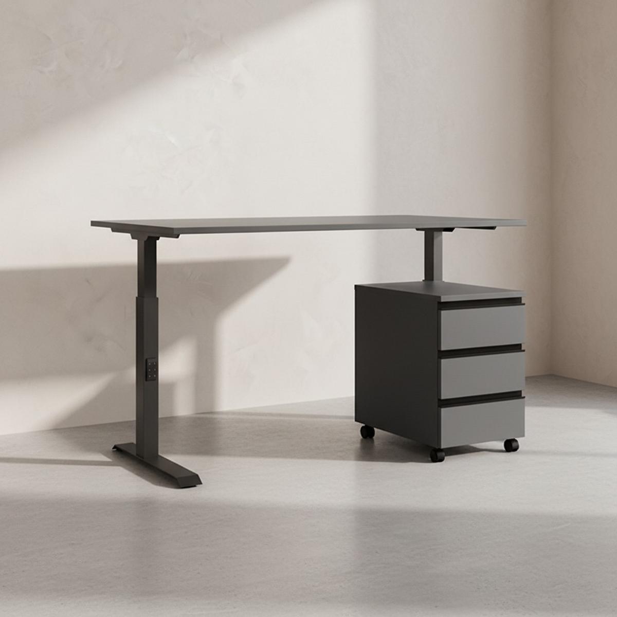 BÜROMÖBEL Set 2-teilig | Schreibtisch 140x80cm & Rollcontainer Graphit | Einstellbar 68-91 cm & Soft-Close - Schwarz, Holzwerkstoff/Metall (80/195/91cm) - KADIMA DESIGN