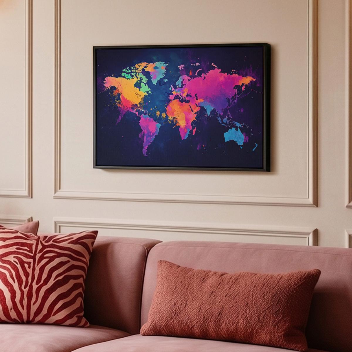 LEINWAND Bilder mit Rahmen - Weltkarte - Bunt - Graffiti - 60x40 - Multicolor, Textil (60/40cm) - MuchoWow