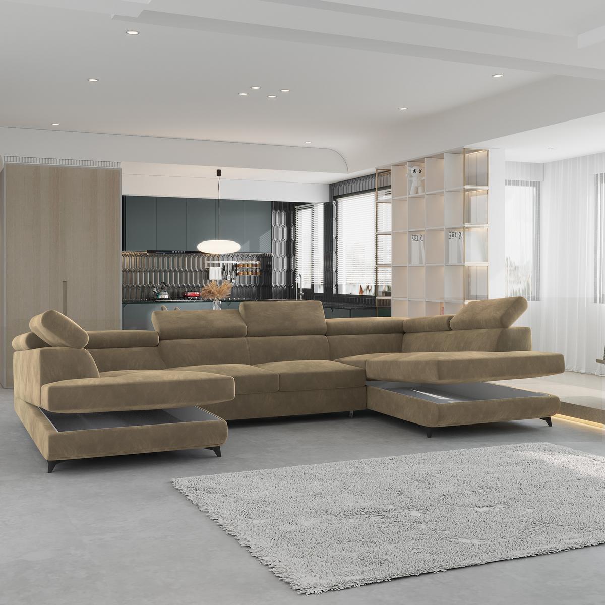 WOHNLANDSCHAFT VINTESSA Beige Velours-Stoff mit Schlaffunktion - Beige, Holz (323/89/190cm) - MASSENO