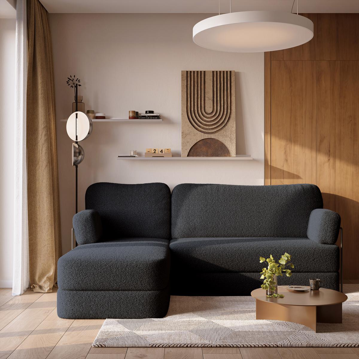 ECKSOFA SABI modulares Boneless Sofa mit Schlaffunktion Schwarz Boucle-Stoff - Schwarz, Textil (200/120cm) - MASSENO