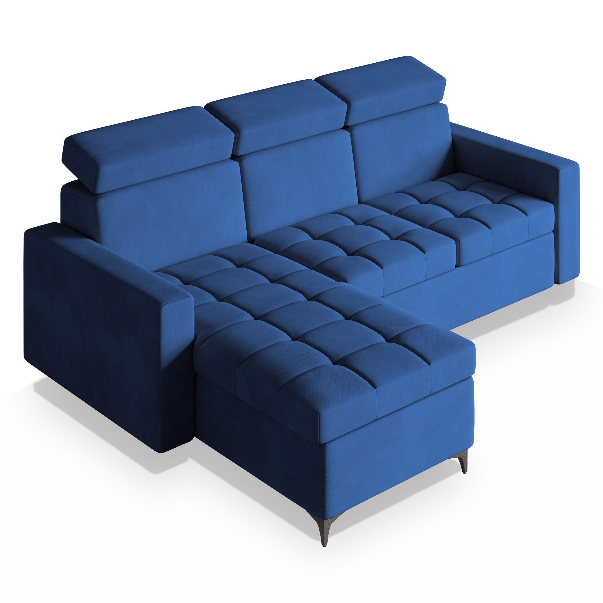 ECKSOFA KAME Blau Plüsch-Stoff mit Schlaffunktion - Blau/Schwarz, Holz/Textil (227/168cm) - MASSENO