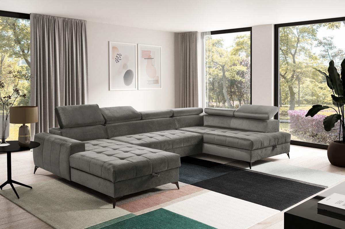 WOHNLANDSCHAFT Arkucio U Grau 345/200/95 cm – großes Sofa mit Schlaffunktion L - Schwarz/Grau, Textil/Metall (200/95/345cm) - AX Living