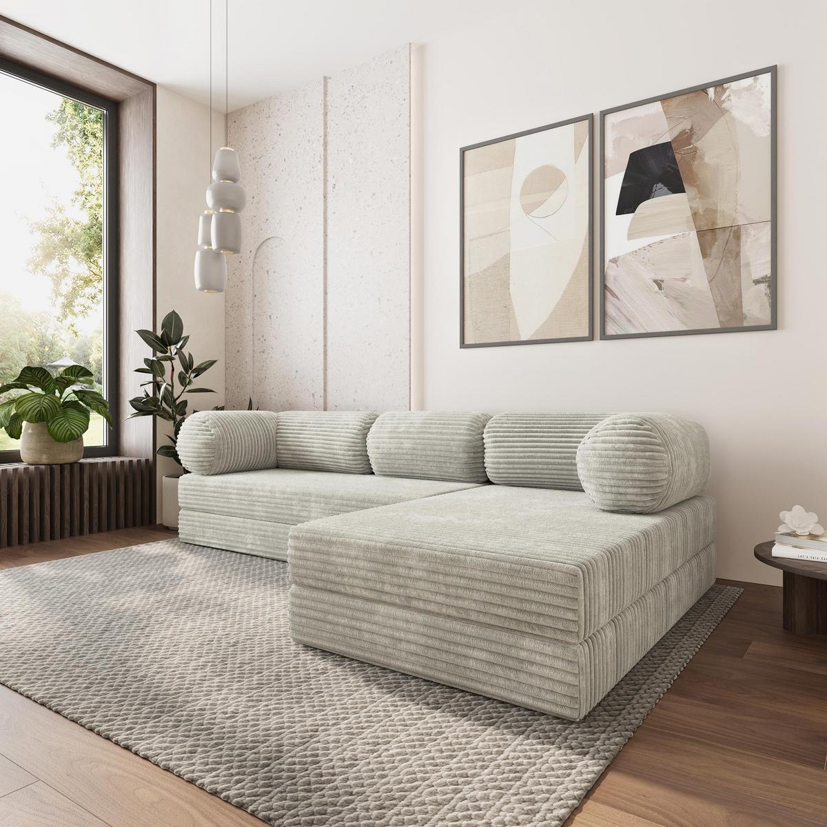 ECKSOFA ETERA modulares Boneless Sofa mit Schlaffunktion Hellgrau Kordstoff - Hellgrau, Textil (270/160cm) - MASSENO