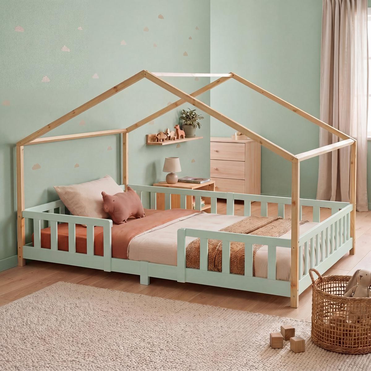 HAUSBETT Treviolo - Naturfarben/Mintgrün, Holz (120/200cm) - [en.casa]