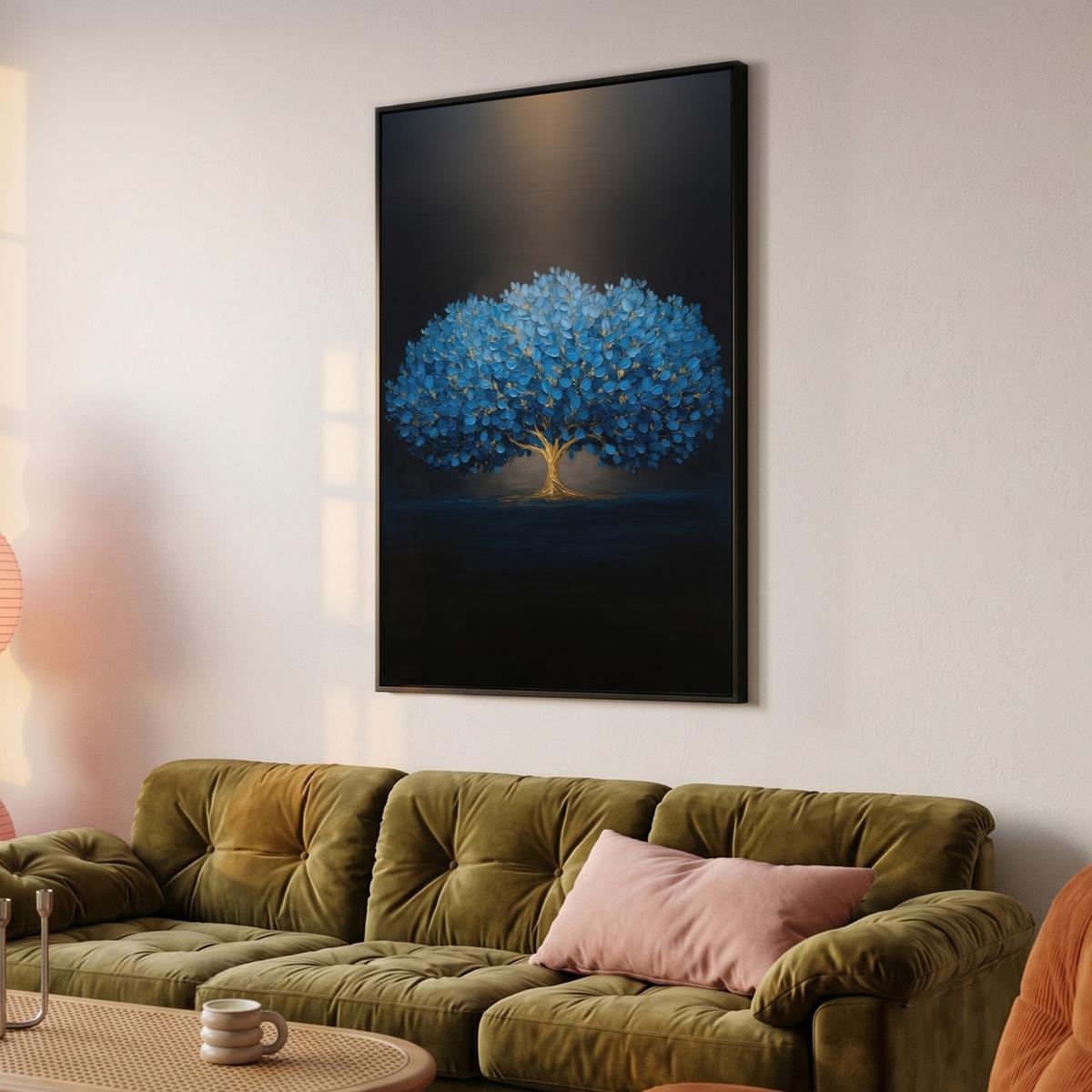 LEINWAND Bilder mit Rahmen - Baum - Blau - Blätter - Pinselstriche - 90x140 - Blau, Textil (90/140cm) - MuchoWow