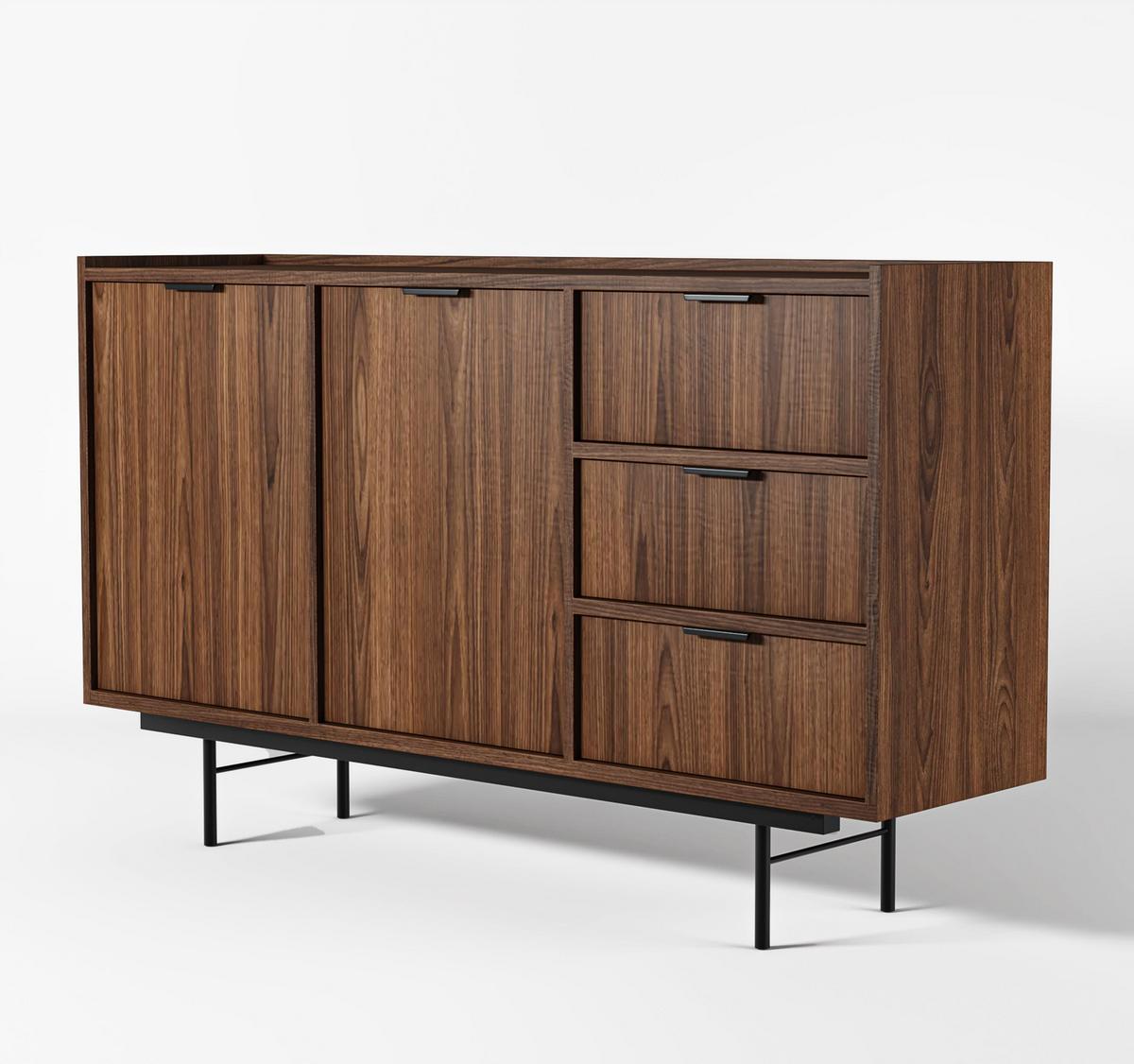 SIDEBOARD Nordiva 2T 3S Warmia Walnut 150/90/40 cm – Metallgestell - Walnussfarben/Schwarz, Holzwerkstoff/Metall (150/91/40cm) - AX Living