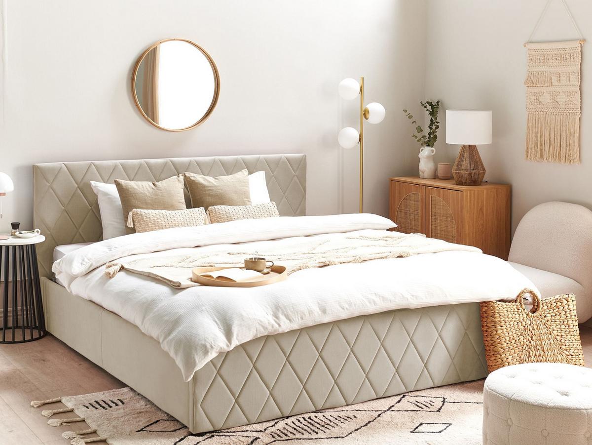 BETT mit Stauraum 180/200 cm Samtstoff Beige Rochefort - Beige, Textil (180/200cm) - Beliani