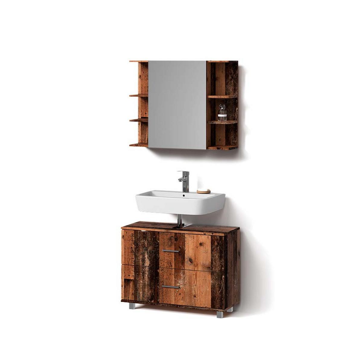 BADMÖBEL-SET Eisak Eiche rustikal 2 Teile, Unterschrank 80 cm - Wildeiche, Holzwerkstoff (80/60/33cm) - Livinity®