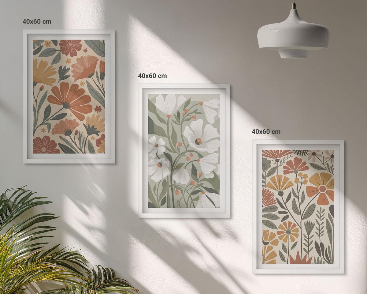 BILDER SET 3er Set - 40x60 cm Weißer Rahmen - Blumenmuster in Orange und Grün - Weiß, Kunststoff (40/60cm) - TULUP