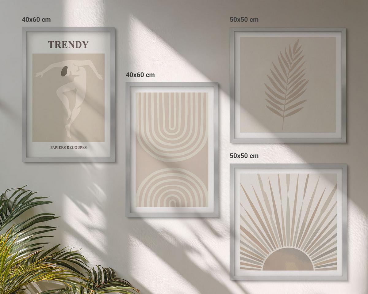 BILDER SET 4er Set - 50x50 cm & 40x60 cm Silberner Rahmen - Abstrakte Poster im Boho-Stil in Pastellfarben - Silberfarben, Kunststoff (50/50cm) - TULUP