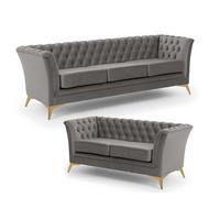 SITZGARNITUR 3+2 Chesterfield Whitby Grau Samt mit goldenen Füßen - Goldfarben/Grau, Holz/Textil (237/78/82cm) - S-Style Möbel