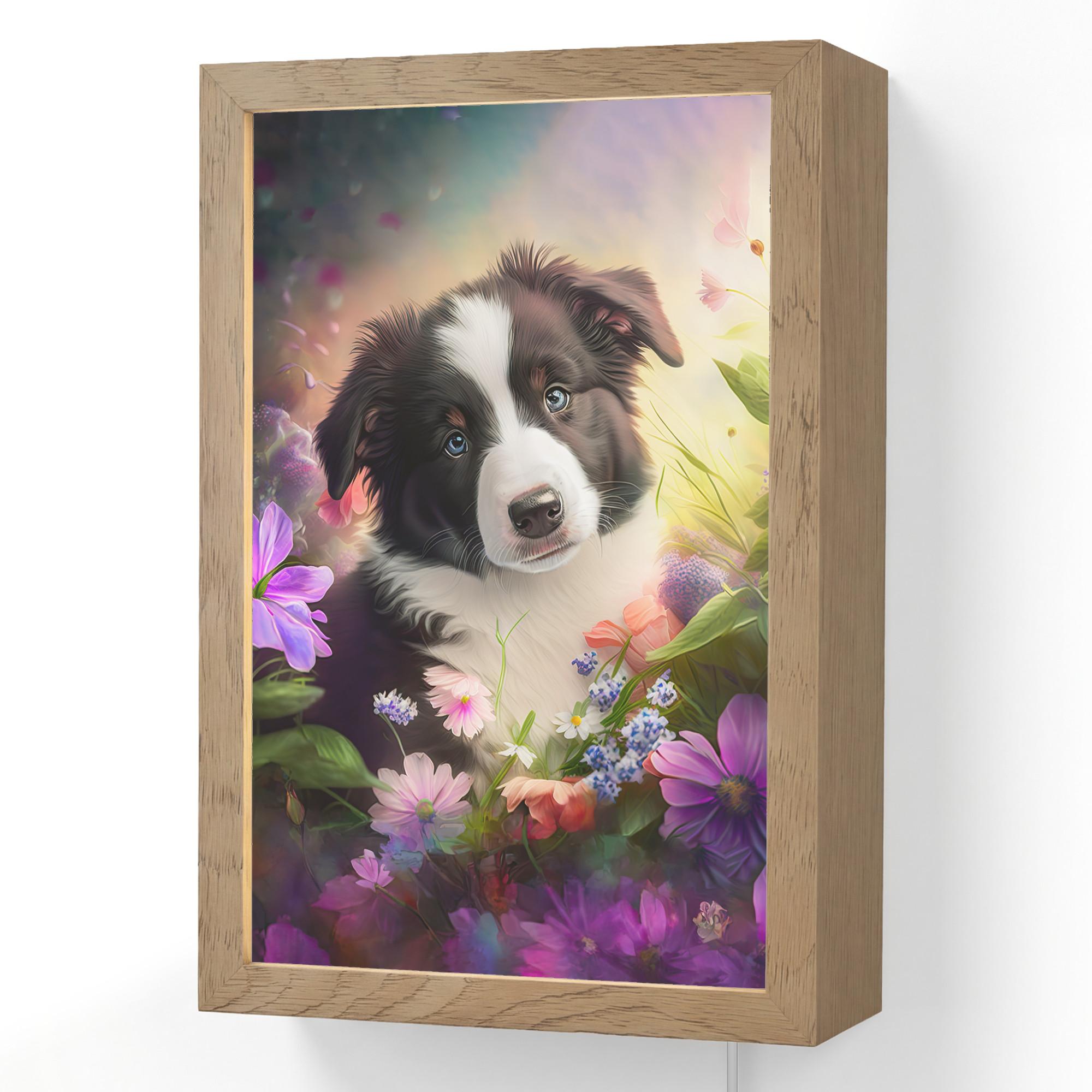 WANDLEUCHTE Welpe - Sonne - Blumen - Natur - Border Collie - Hund 20x30 cm - Violett, Holzwerkstoff (20/30/8cm) - OnlyWow