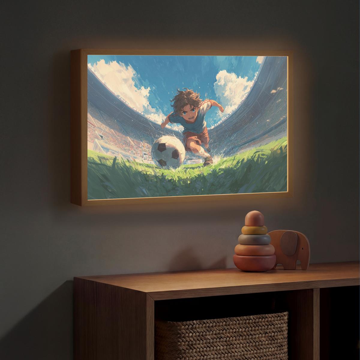WANDLEUCHTE MIT AKKU Stadion - Fußballer - Ball 60x40 cm - Blau, Holzwerkstoff (60/40/8cm) - OnlyWow