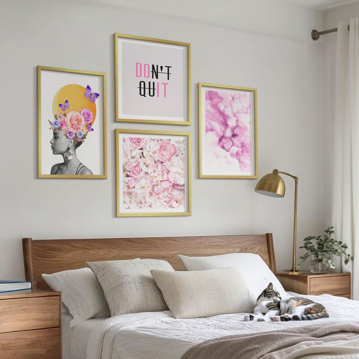 BILDER SET 4er Set - 50x50 cm & 40x60 cm Goldrahmen - Abstraktes Blumenporträt einer Frau - Goldfarben, Kunststoff (50/50cm) - TULUP