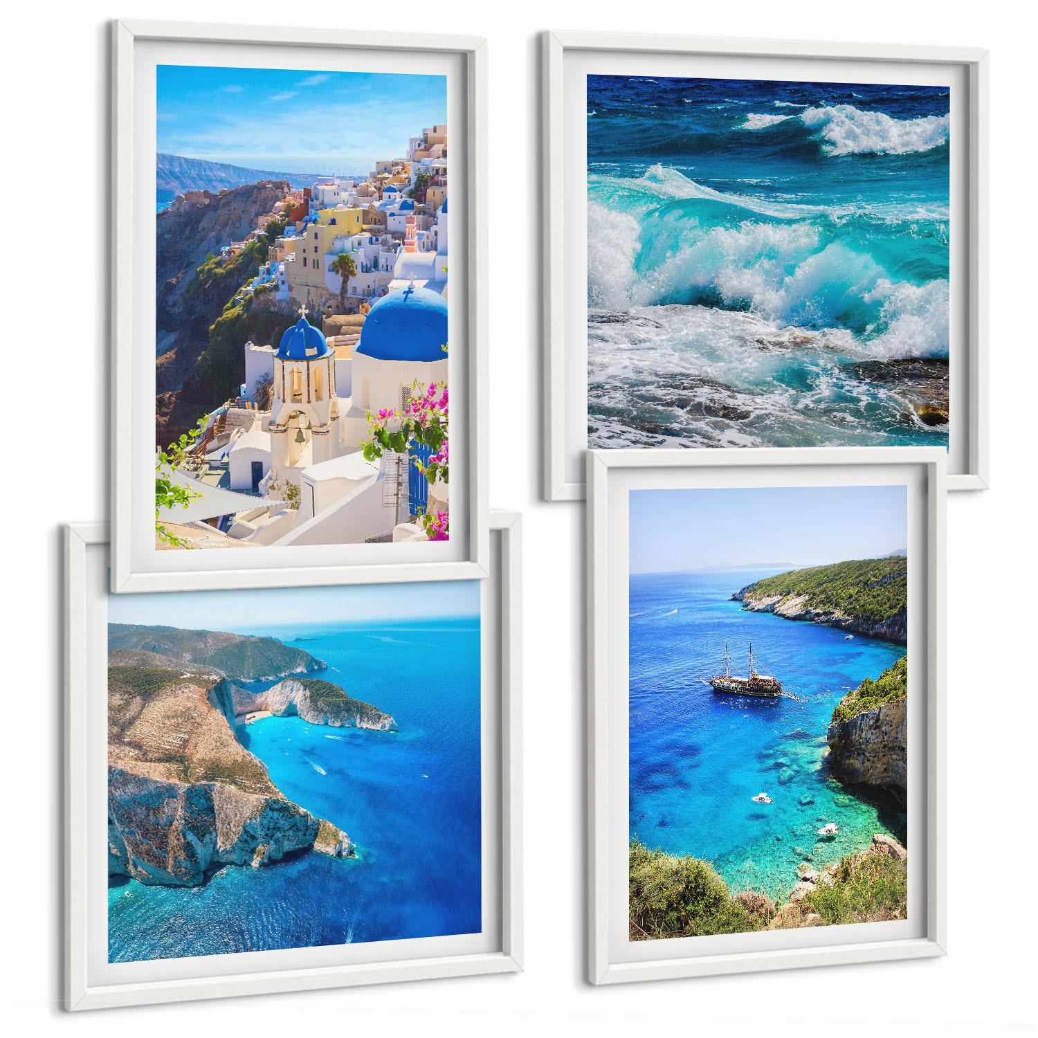 BILDER SET 4er Set - 50x50 cm & 40x60 cm Weißer Rahmen - Griechische Ansichten von Santorin Oia - Weiß, Kunststoff (50/50cm) - TULUP