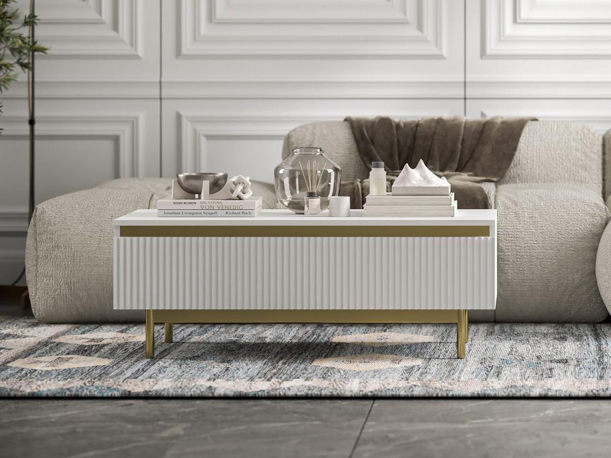 COUCHTISCH Selene Weiß matt 109 cm mit Metallrahmen - Goldfarben/Weiß, Holzwerkstoff/Metall (50/109/39cm) - Meble Lindner
