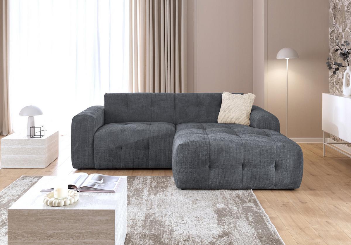ECKSOFA mit Ottomane rechts, raffinierten Steppungen, Wellenunterfederung, B234/T161/H79 cm, Chenille-Bezug in Grau / 21045 - Schwarz/Grau, Kunststoff/Textil (234/79/161cm) - luma-home