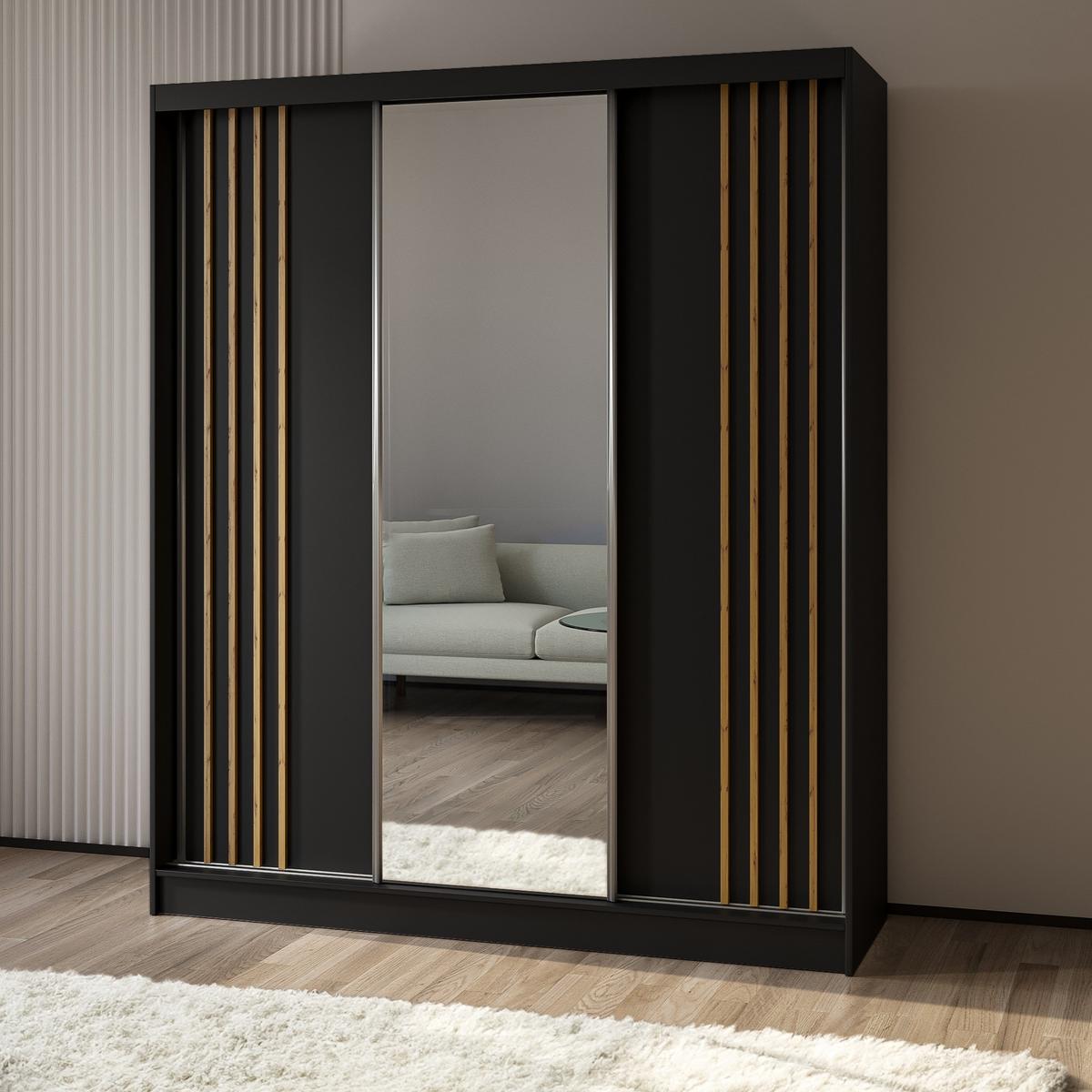 SCHWEBETÜRENSCHRANK NELVIA 180/216/61 cm 3-türig mit Spiegel Schwarz - Schwarz, Holzwerkstoff (180/216/61cm) - MASSENO