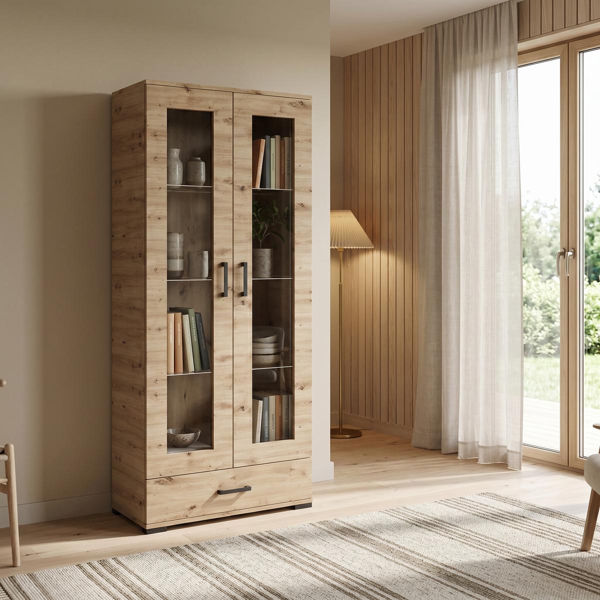 VITRINENSCHRANK ALBANO 186 x 80 cm Eiche Artisan - Eiche Artisan, Holzwerkstoff (80/186/40cm) - MASSENO
