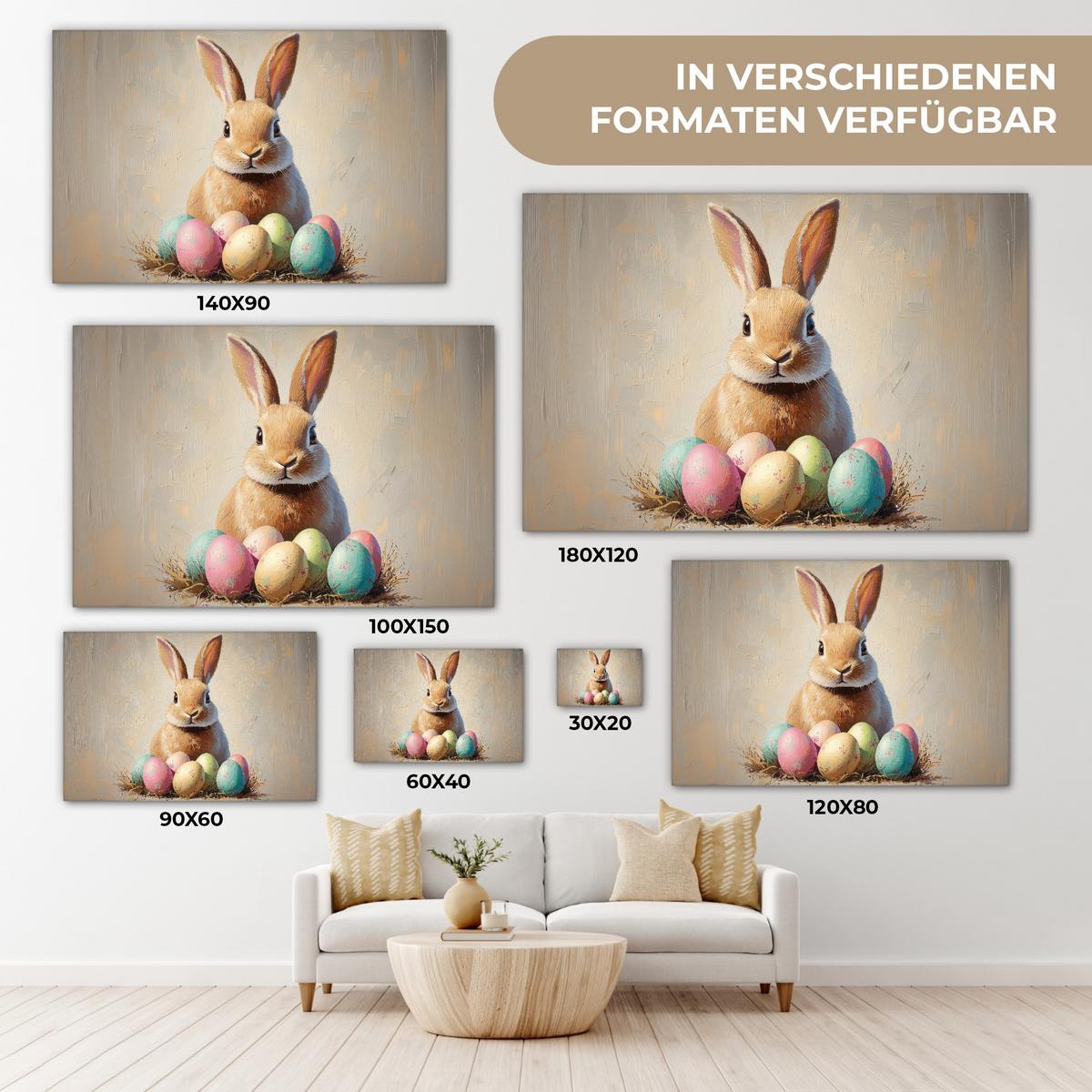 LEINWANDBILD Osterhase - Pastell - Eier Wanddeko 90x60 cm - Beige, Textil (90/60cm) - MuchoWow