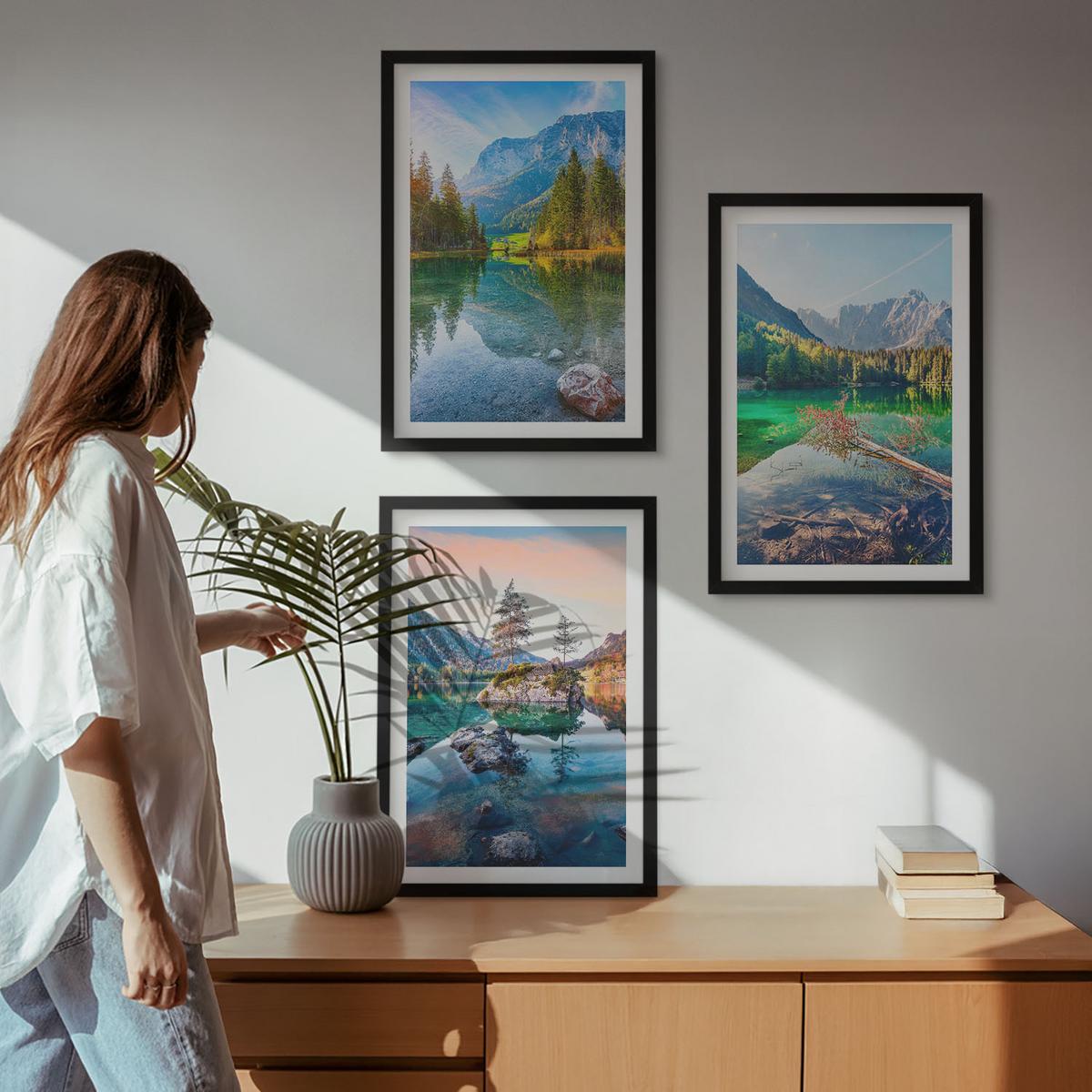 BILDER SET 3er Set - 40x60 cm Schwarzer Rahmen - Naturlandschaft der Bergseen - Schwarz, Kunststoff (40/60cm) - TULUP
