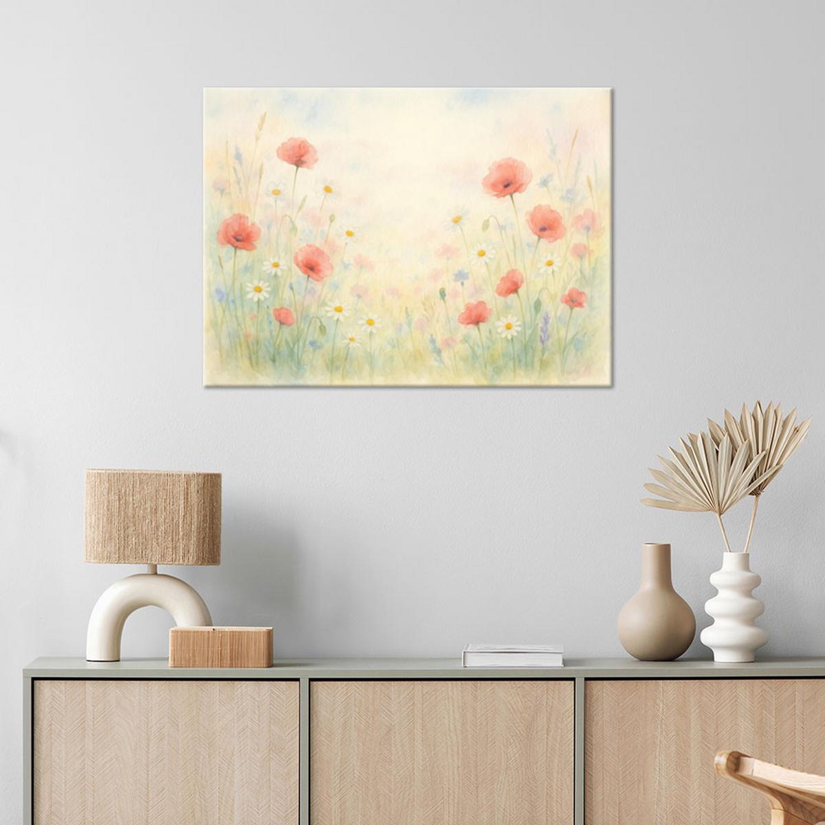 LEINWANDBILD Mohnblumen Wildblumen im Shabby Chic Stil 120x80cm - Beige, Textil (120/80cm) - Feeby
