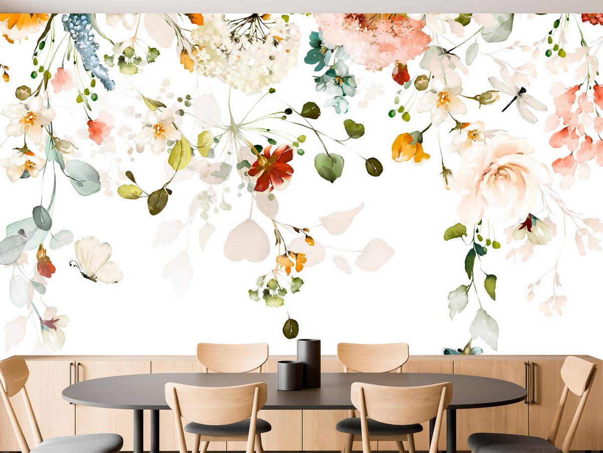 FOTOTAPETE für Schlafzimmer Bunte Zarte Blumen Blätter Pastell 400x280 - Ecru/Beige, Papier (400/280cm) - Muralo