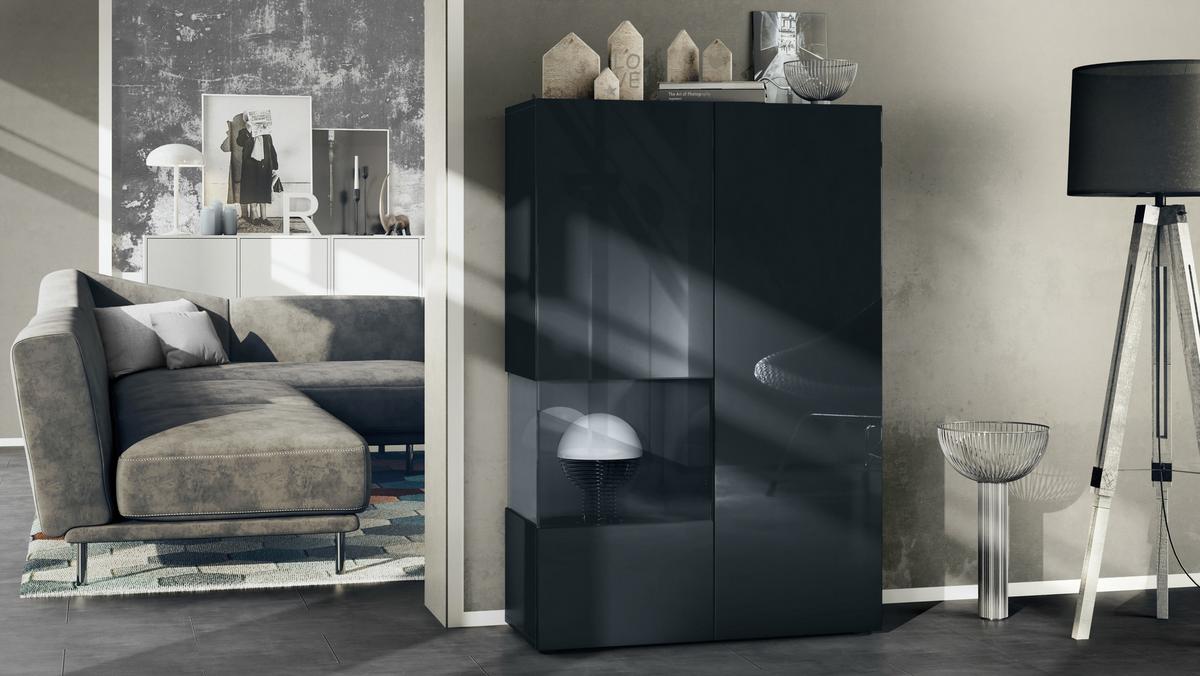 VITRINE Morena Einsatz in Schwarz Hochglanz - Schwarz Hochglanz, Holzwerkstoff (91.5/136.5/37cm) - Vladon
