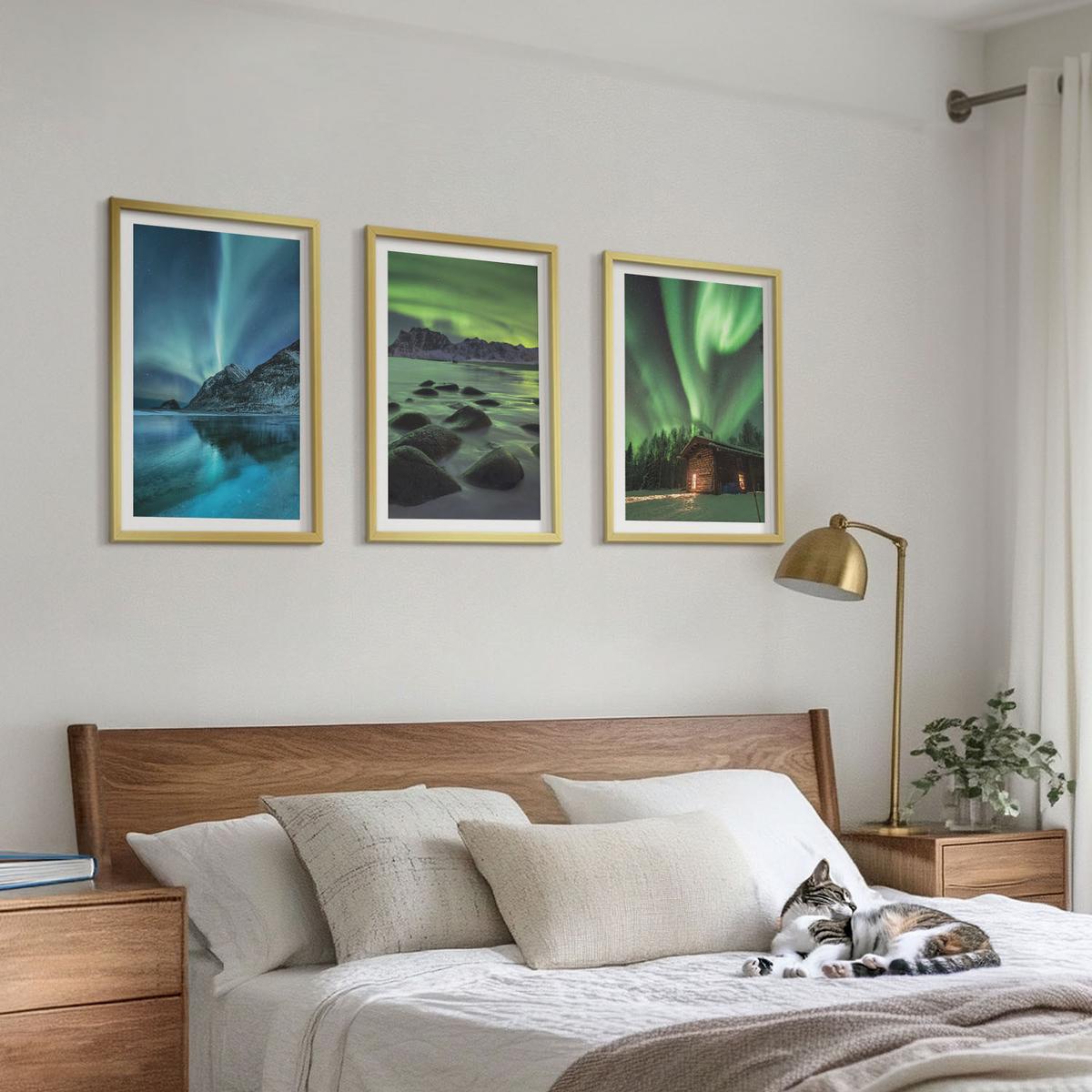 BILDER SET 3er Set - 40x60 cm Goldrahmen - Winterlandschaften, Nordlichter, Berge - Goldfarben, Kunststoff (40/60cm) - TULUP