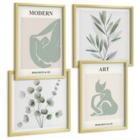 BILDER SET 4er Set - 50x50 cm & 40x60 cm Goldrahmen - Pflanzenmotive, zartes Grün - Goldfarben, Kunststoff (50/50cm) - TULUP