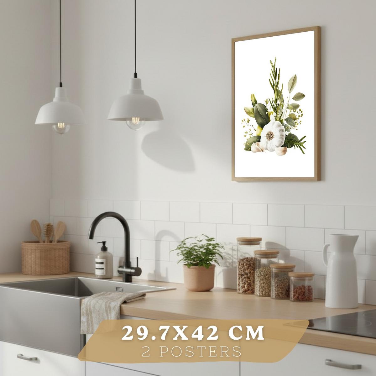 POSTER 2er Set Küchen-Wandbilder Knoblauch Kräuter und Oliven Mediterranes Aquarell Esszimmer Wanddeko Rahmenlos A3 - Schwarz, Papier (29.7/1/42cm) - Nacnic