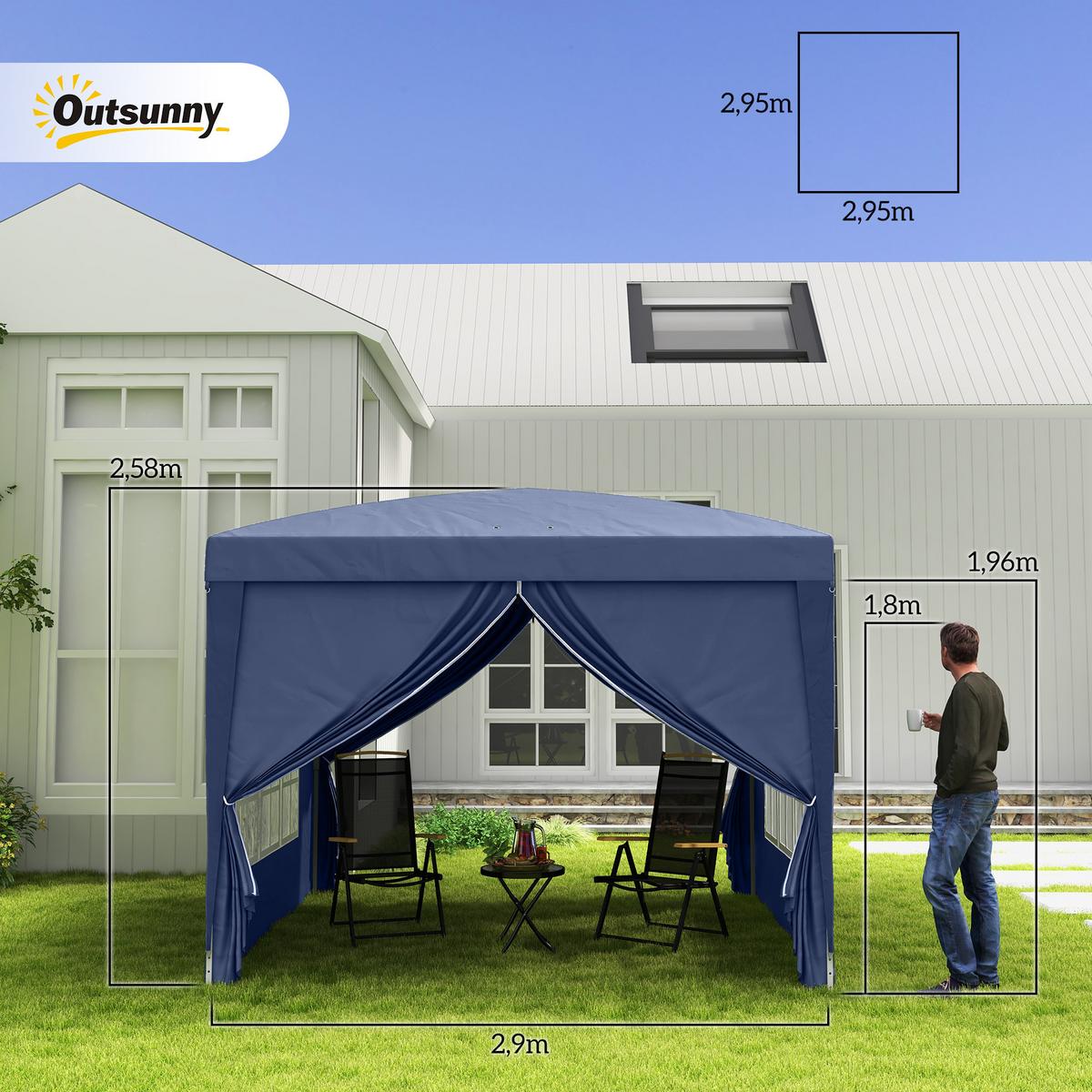 PAVILLON mit 4 Seitenwänden, Oxfordstoff, Stahl, Blau - Blau, Metall (2.95/2.58/2.95cm) - Outsunny