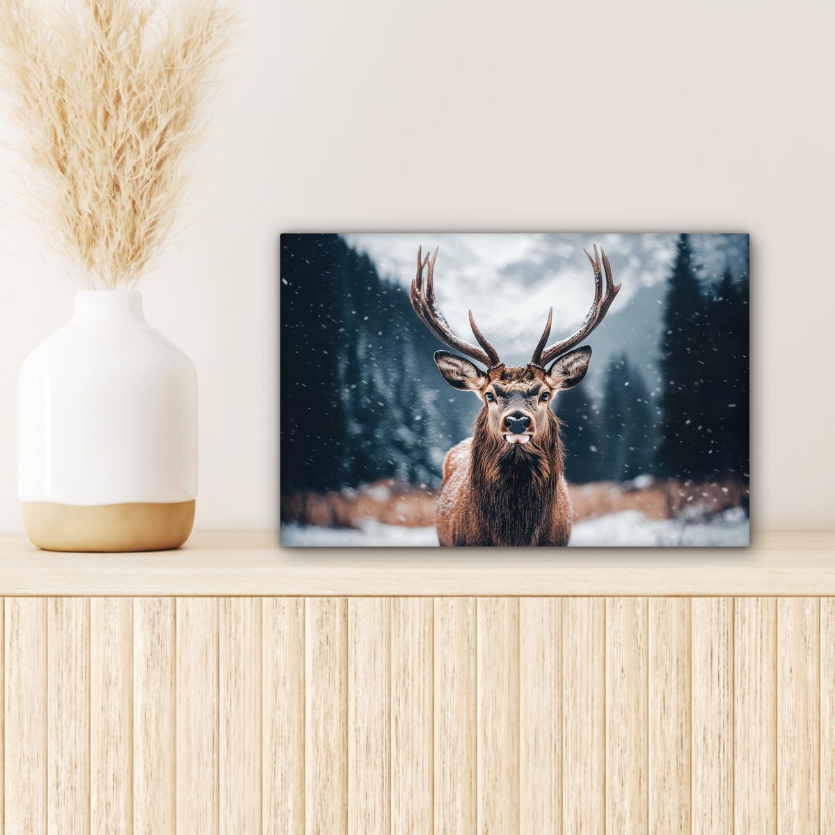 LEINWANDBILD Hirsche - Tiere - Landschaft - Winter - Schnee Deko Schlafzimmer 30x20 cm - Kastanienfarben, Textil (30/20cm) - MuchoWow