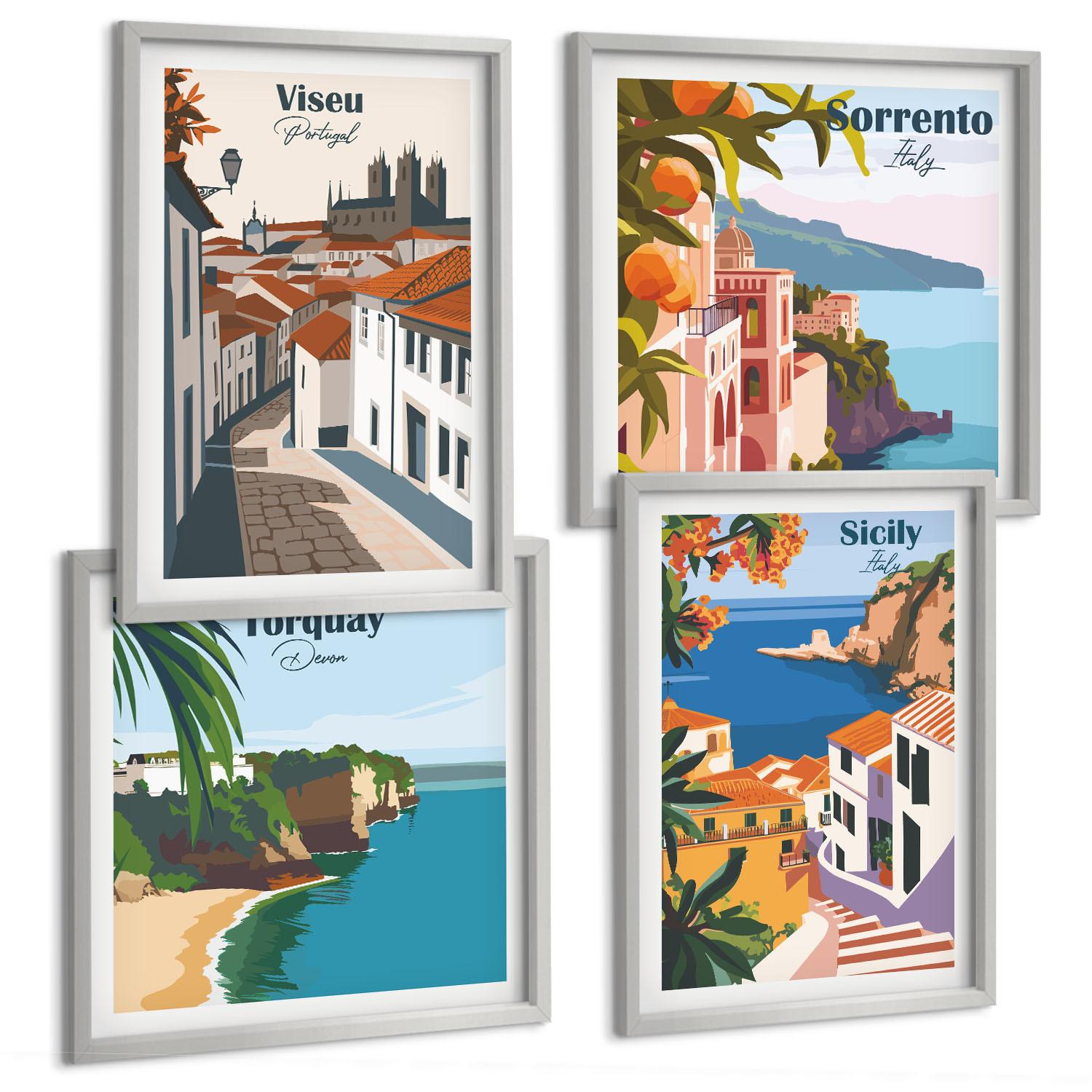 BILDER SET 4er Set - 50x50 cm & 40x60 cm Silberner Rahmen - Retro-Illustrationen von Weltstädten - Silberfarben, Kunststoff (50/50cm) - TULUP